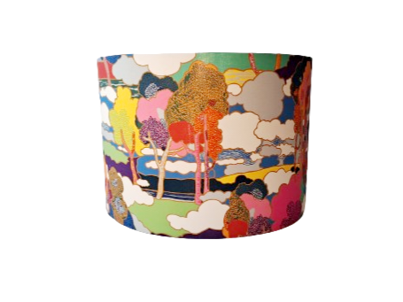Tree print lampshade in pink, blue and yellow with metallic embossed lining