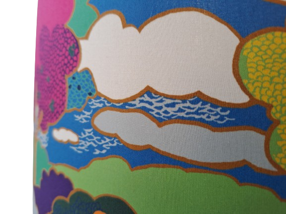 Tree print lampshade in pink, blue and yellow with metallic embossed lining