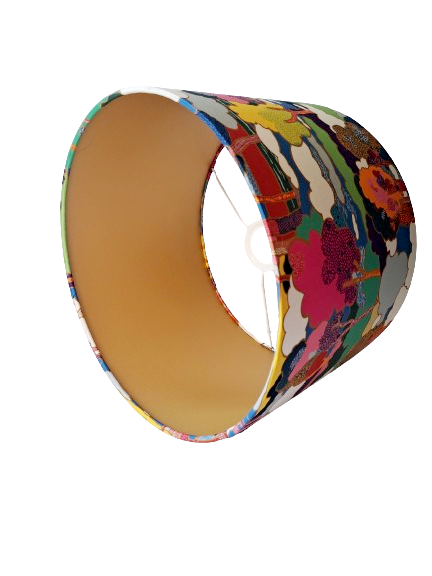 Tree print lampshade in pink, blue and yellow with metallic embossed lining