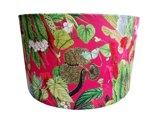 Tropical print lampshade in pink and green with metallic embossed lining
