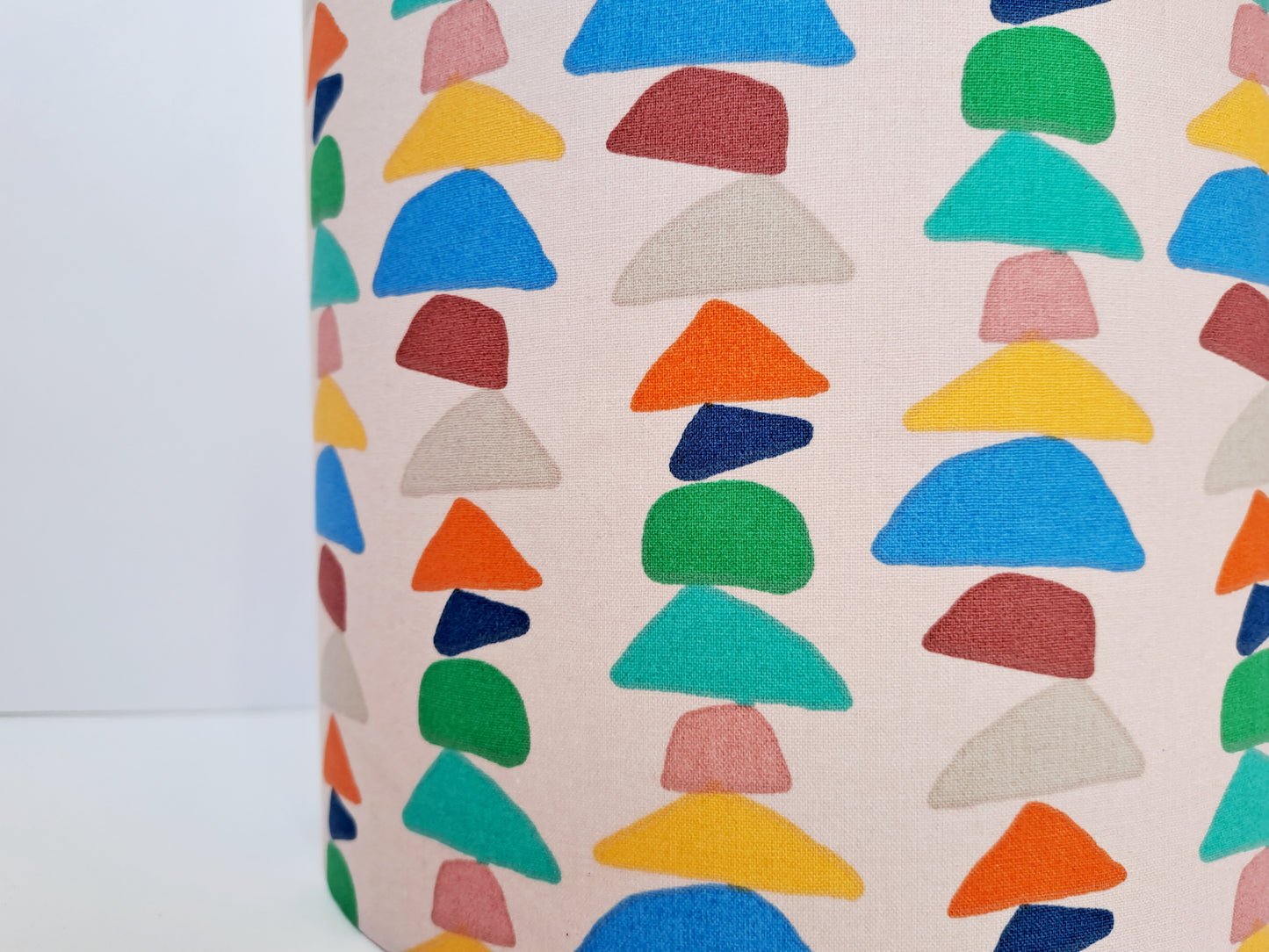 Geometric stack print lampshade in pink, blue and green