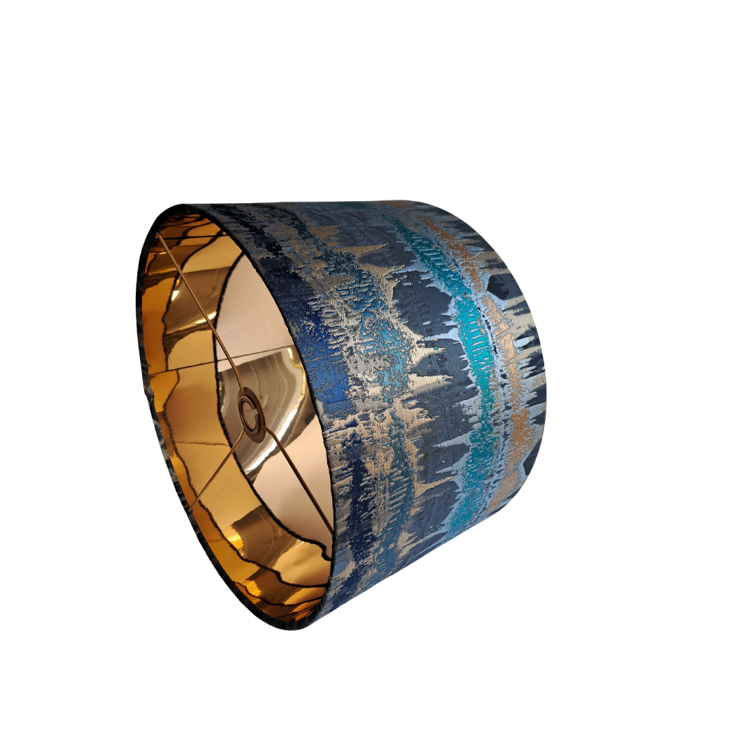 Elements print lampshade in teal and bronze with mirror gold lining