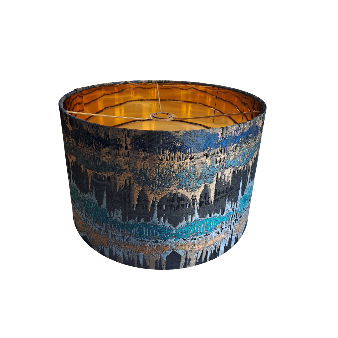 Elements print lampshade in teal and bronze with mirror gold lining