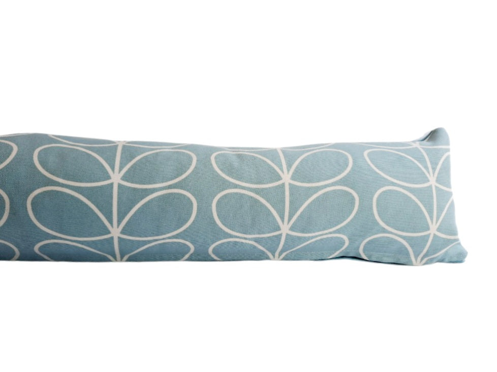 Draught excluder in linear stem print duck egg