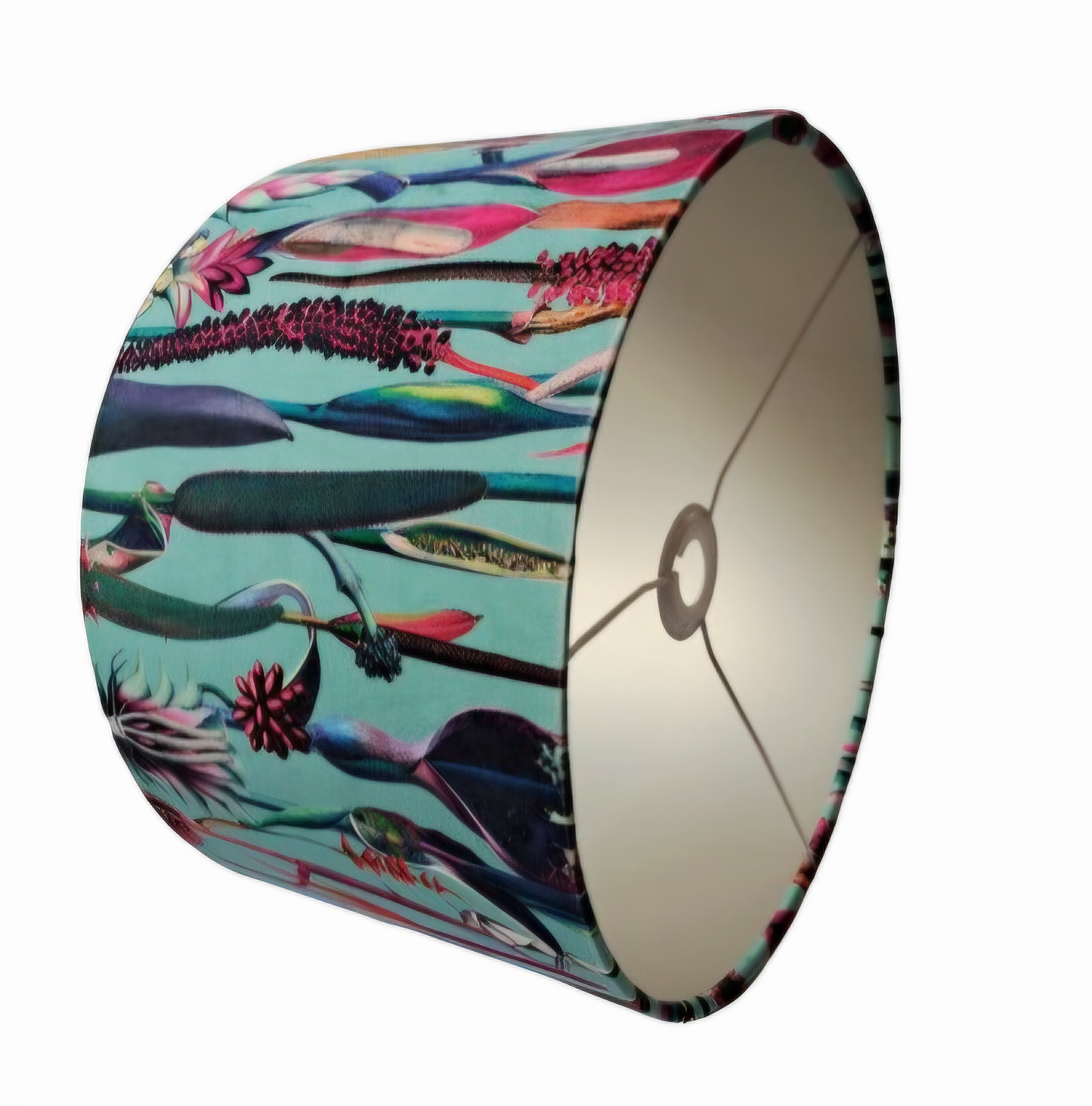 Botanical Print Lampshade – Blue and Pink Drum Shade – Nature Lamp Shade – Floral Print Lighting – Velvet lamp with metallic embossed lining