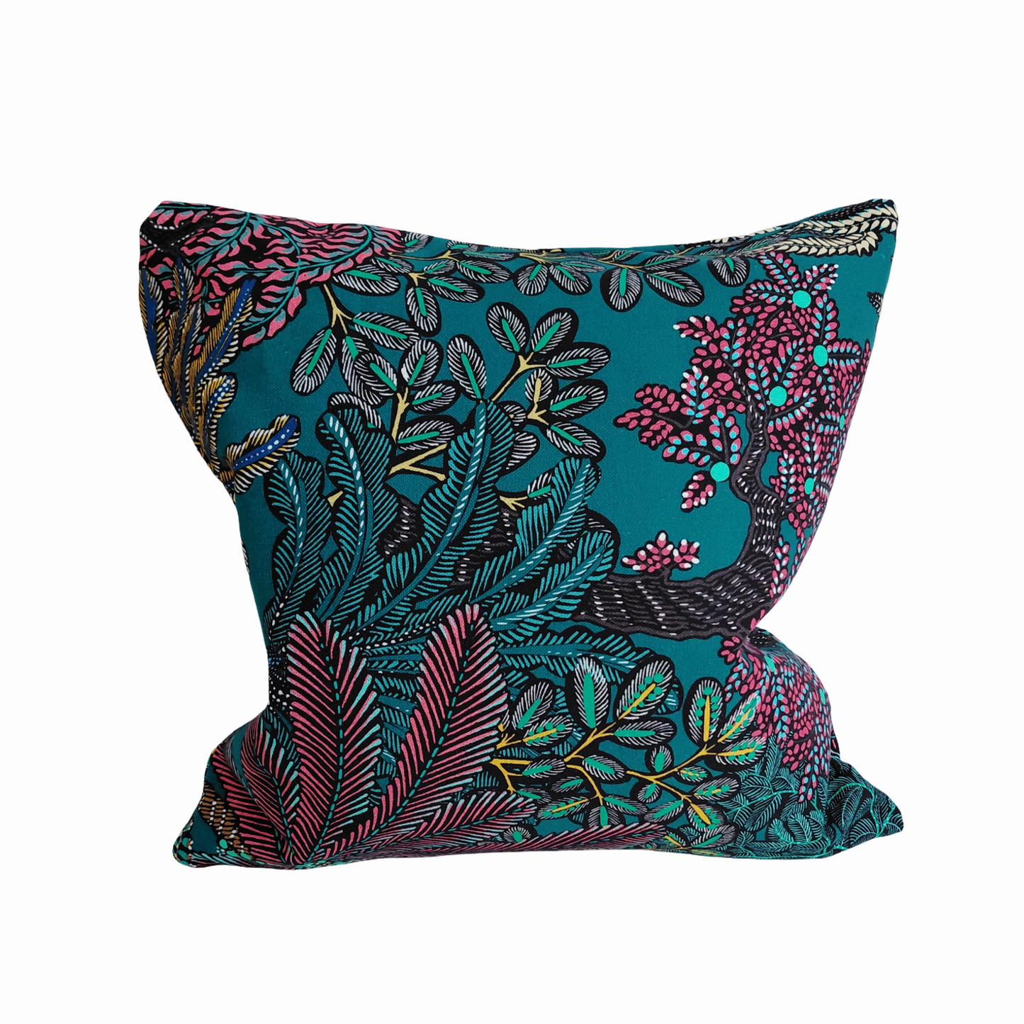 Tropical Print Cushion – Teal and Pink Throw Pillow – Lush Floral Cushion Cover – Bright Botanical Decor – Nature Inspired Sofa Pillow