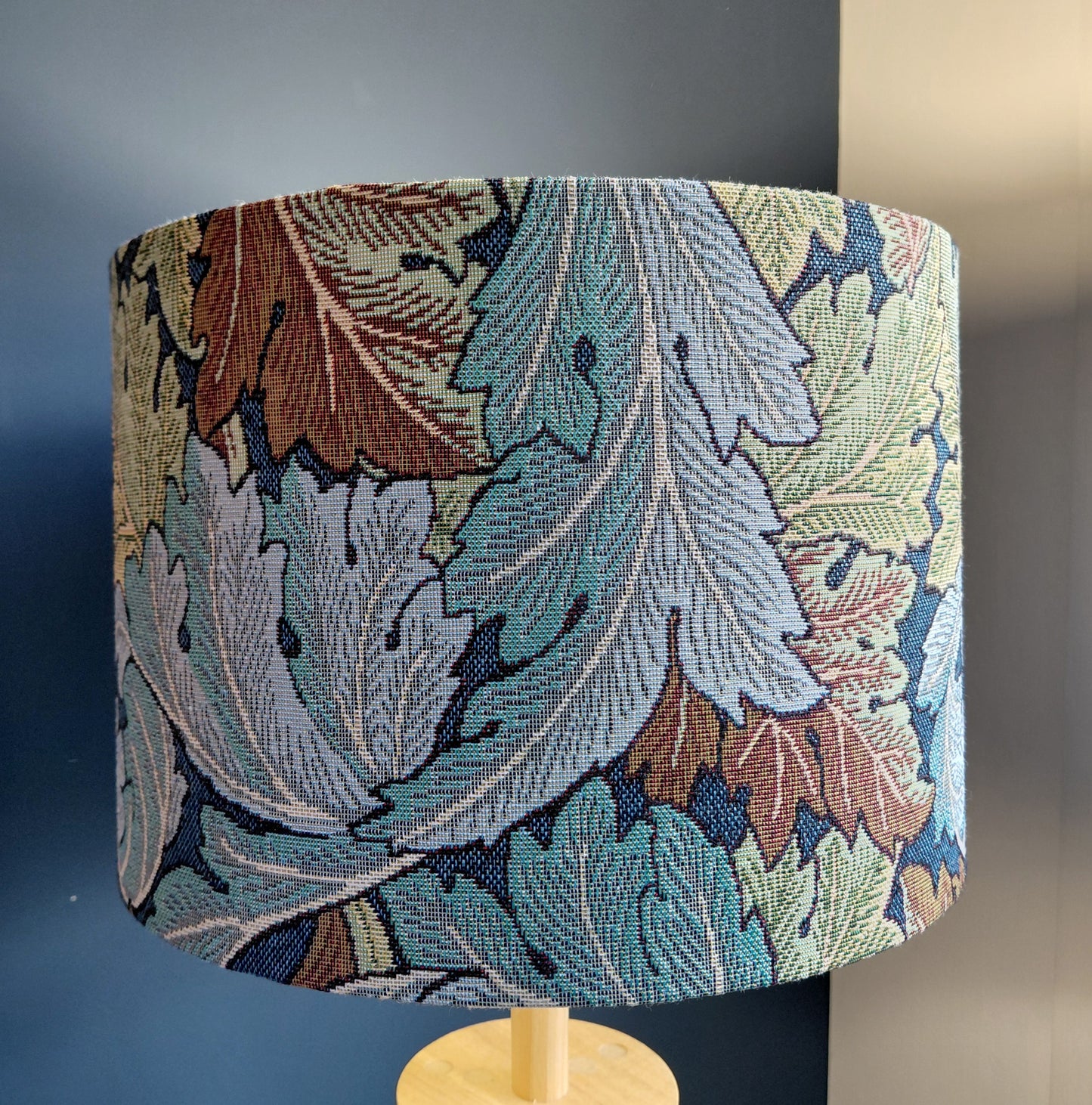 William Morris Acanthus tapestry print lampshade in blue and green with white lining