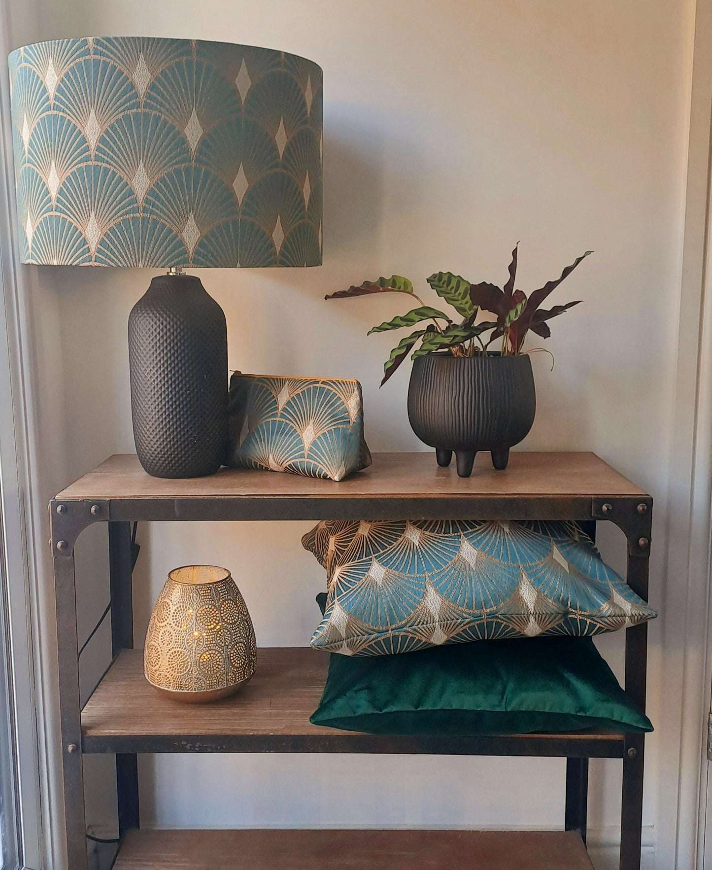Art deco print cushion in gold and green. 1920's vintage inspired geometric pillow. Emerald gold decor. Jewel inspired opulent interior