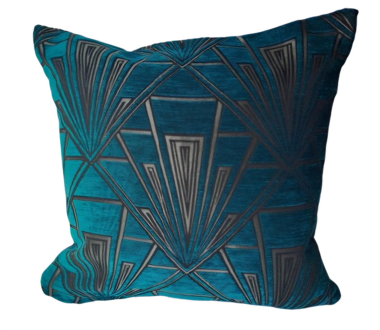 Art deco print cushion in gold and teal. 1920's vintage inspired geometric pillow. Jewel inspired opulent chenille print cushion