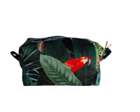 Tropical print cosmetic bag in black and green