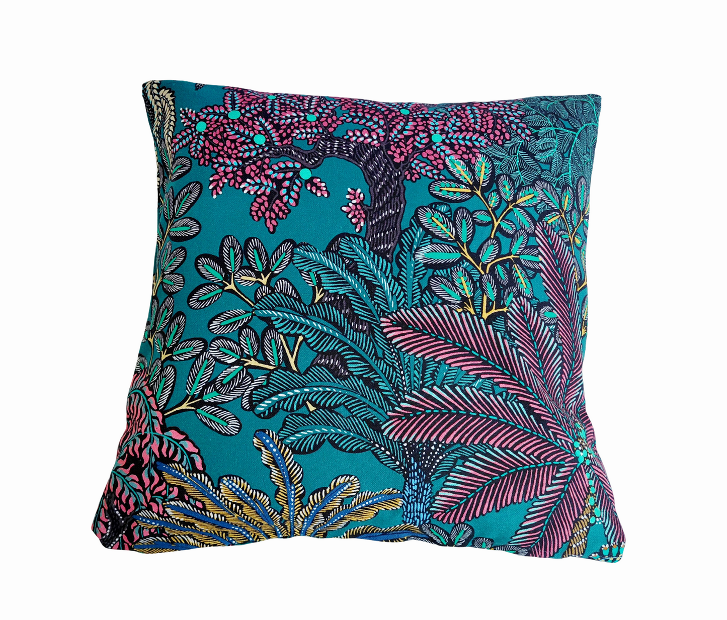 Tropical Print Cushion – Teal and Pink Throw Pillow – Lush Floral Cushion Cover – Bright Botanical Decor – Nature Inspired Sofa Pillow