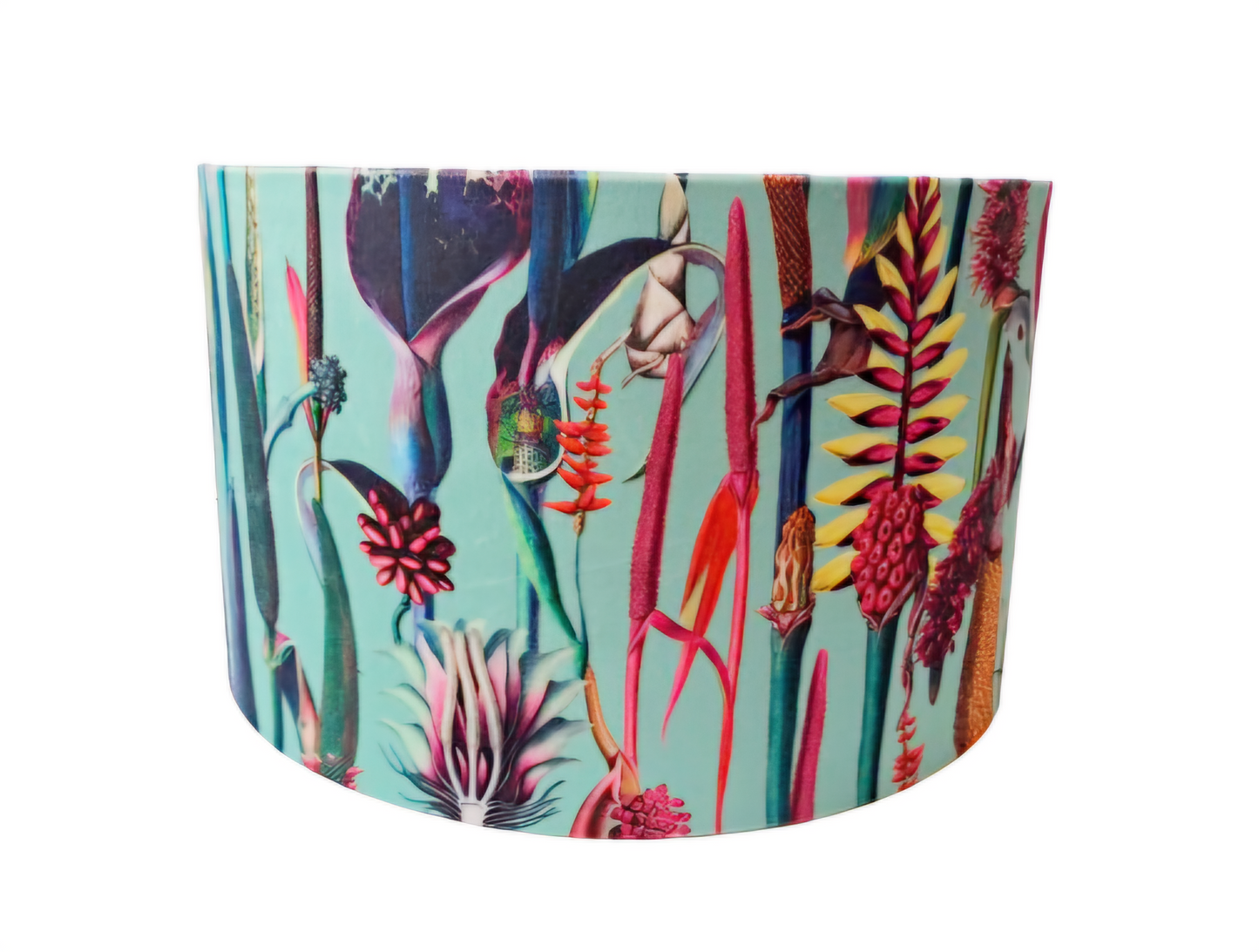 Botanical Print Lampshade – Blue and Pink Drum Shade – Nature Lamp Shade – Floral Print Lighting – Velvet lamp with metallic embossed lining