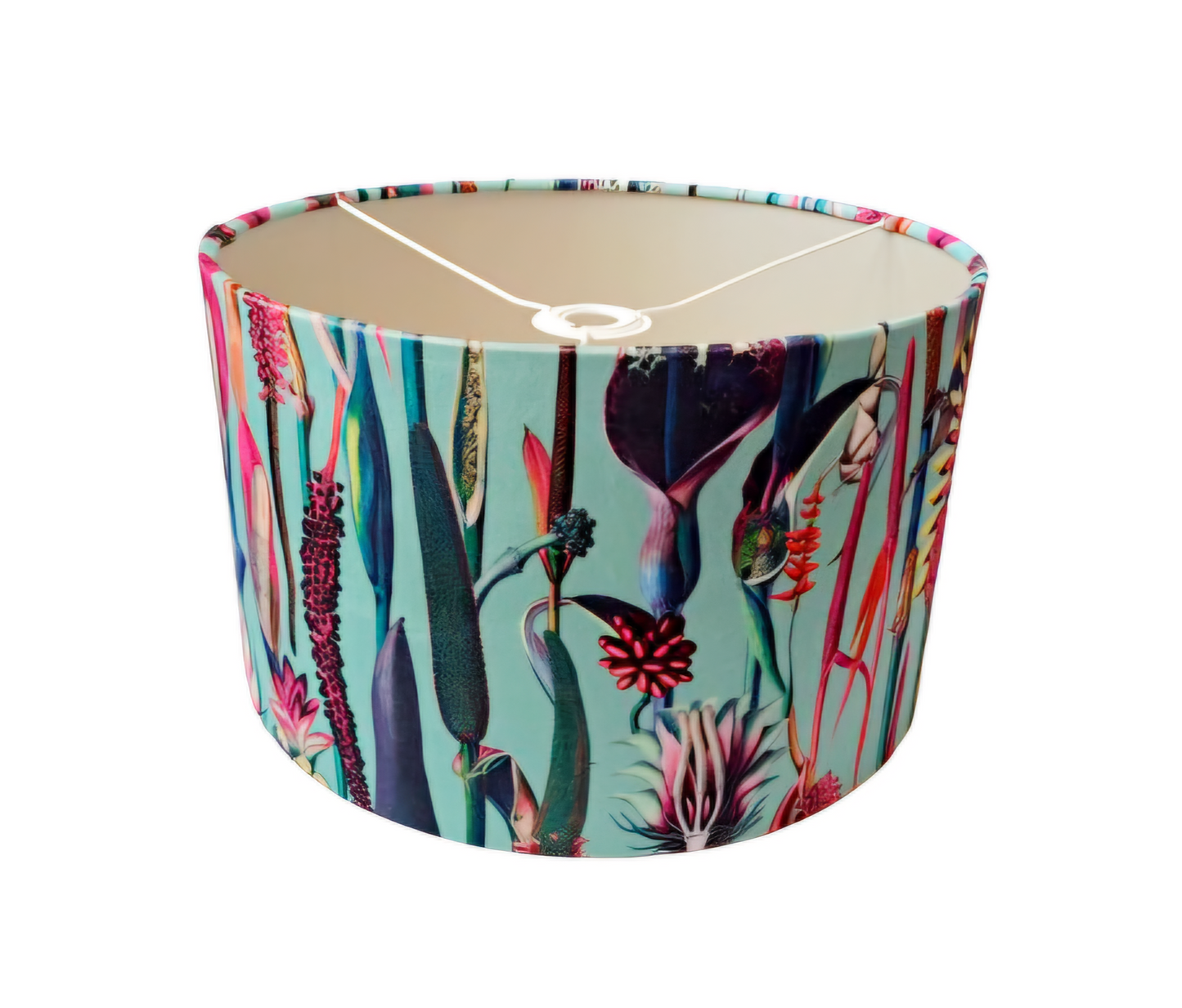 Botanical Print Lampshade – Blue and Pink Drum Shade – Nature Lamp Shade – Floral Print Lighting – Velvet lamp with metallic embossed lining