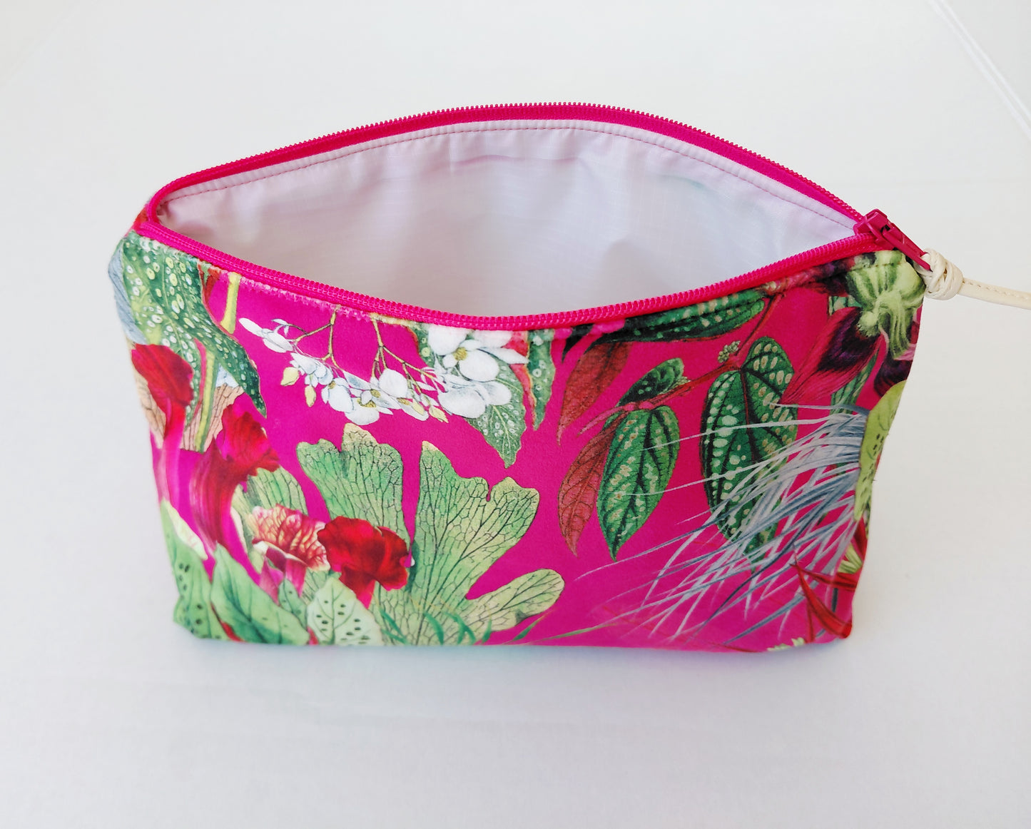 Tropical print large cosmetic bag in pink and green