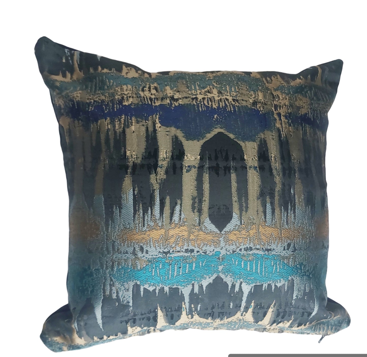 Elements print cushion in teal and bronze