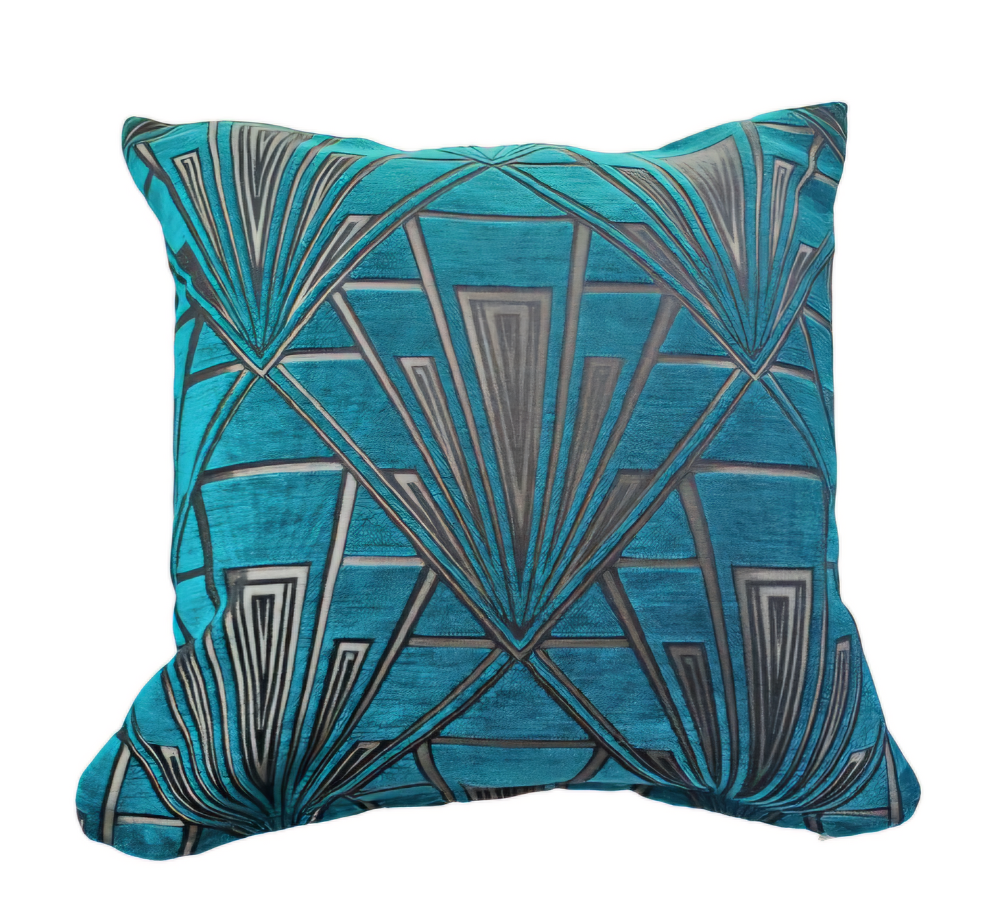 Art deco print cushion in gold and teal. 1920's vintage inspired geometric pillow. Jewel inspired opulent chenille print cushion