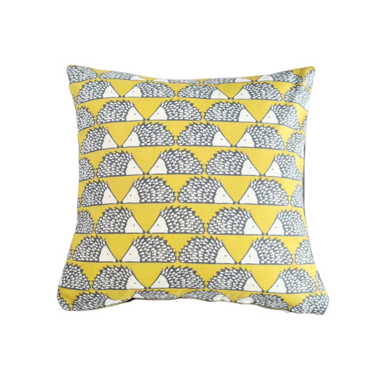 Hedgehog print cushion in mustard and grey