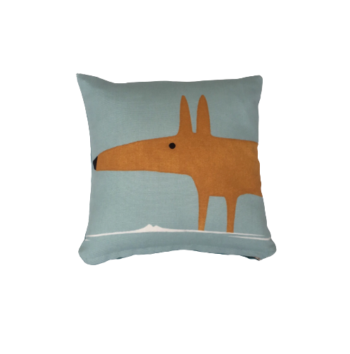 Mr Fox print cushion in blue and orange