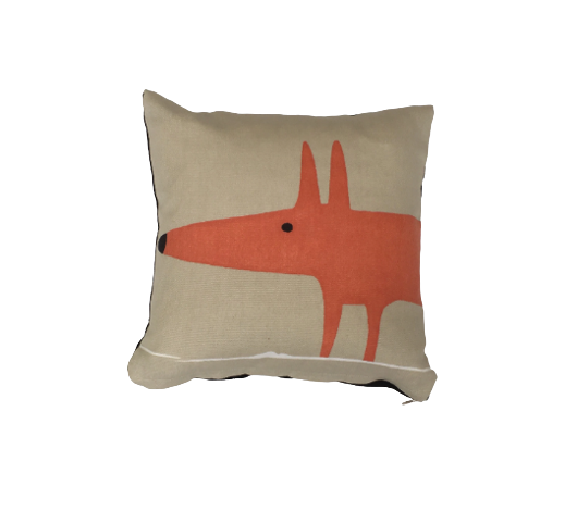 Mr Fox print cushion in beige and orange