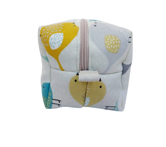 Scandi Bird Print Makeup Bag in yellow and teal – Scandinavian Cosmetic Pouch – Minimalist Travel Toiletry Bag – Nordic Bird Zip Pouch