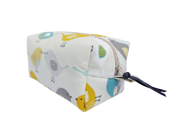 Scandi Bird Print Makeup Bag in yellow and teal – Scandinavian Cosmetic Pouch – Minimalist Travel Toiletry Bag – Nordic Bird Zip Pouch