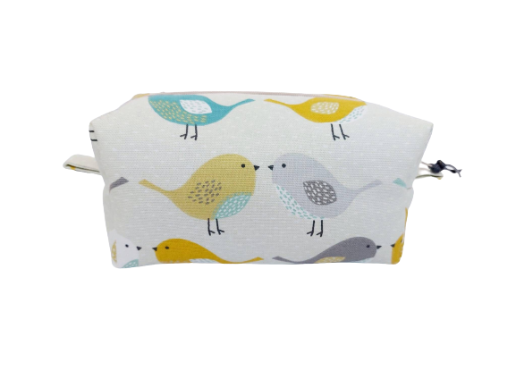 Scandi Bird Print Makeup Bag in yellow and teal – Scandinavian Cosmetic Pouch – Minimalist Travel Toiletry Bag – Nordic Bird Zip Pouch