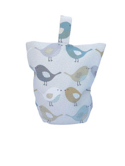 Handmade Bird Print Doorstop mustard and teal – Fabric Door Stopper with Handle – Weighted Decorative Door Holder – Country Cottage Decor – Nature Gift