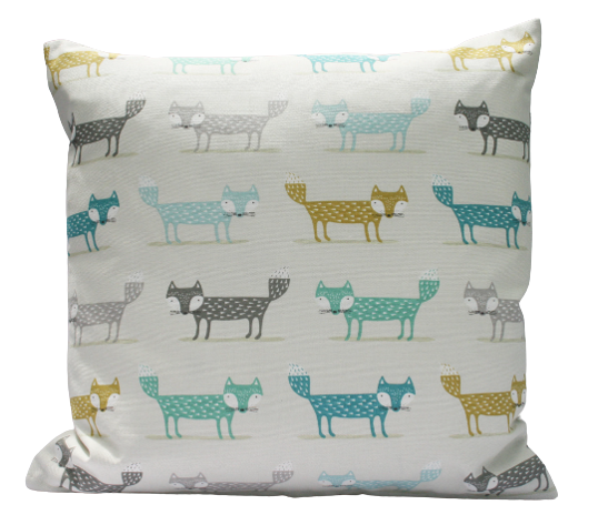 Fox print cushion in green, grey and mustard