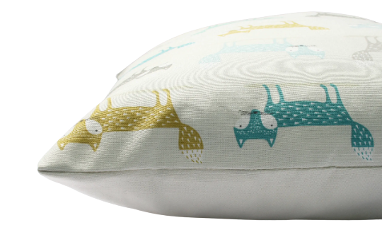 Fox print cushion in green, grey and mustard