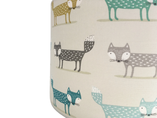 Fox print lampshade in blue, green and grey