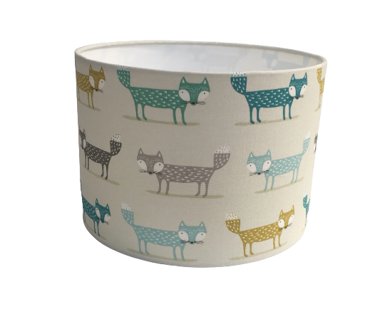 Fox print lampshade in blue, green and grey
