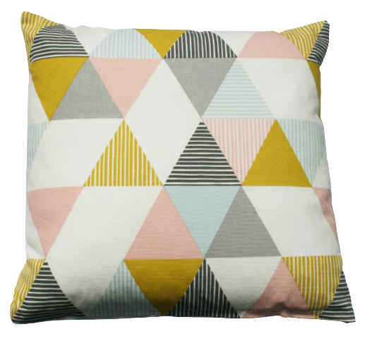 Geometric print cushion in grey, pink and mustard
