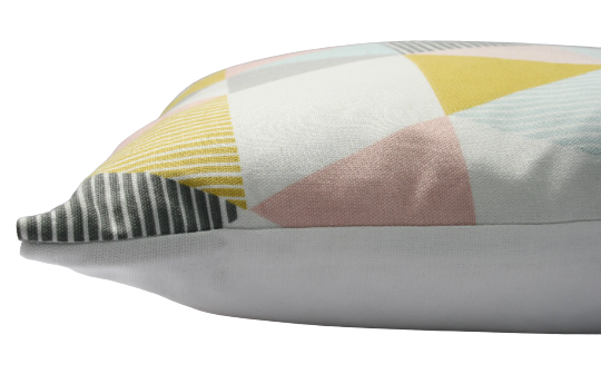 Geometric print cushion in grey, pink and mustard