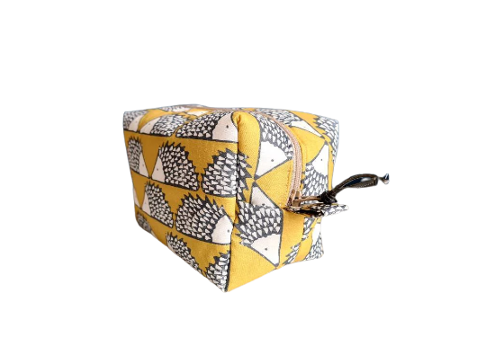 Hedgehog print cosmetic bag in mustard and grey
