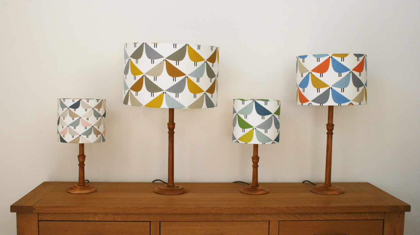 Love bird print lampshade in orange, blue and grey