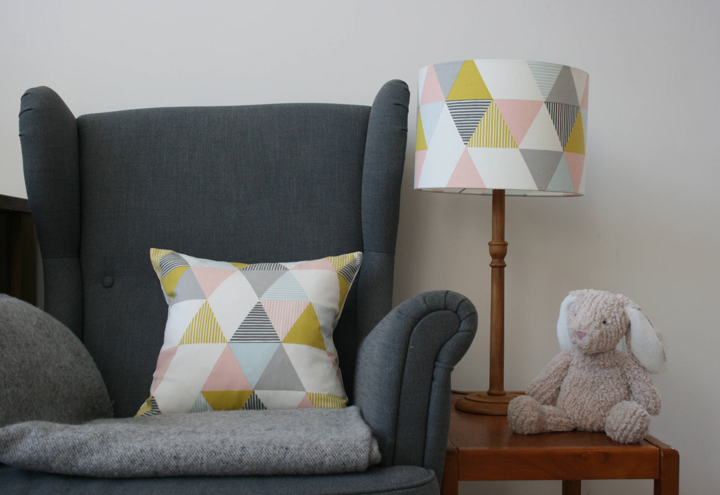 Geometric print lampshade in grey, pink and mustard