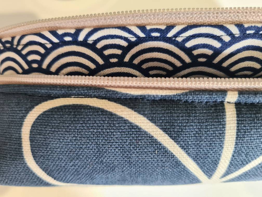 Linear stem print cosmetic bag in dark blue