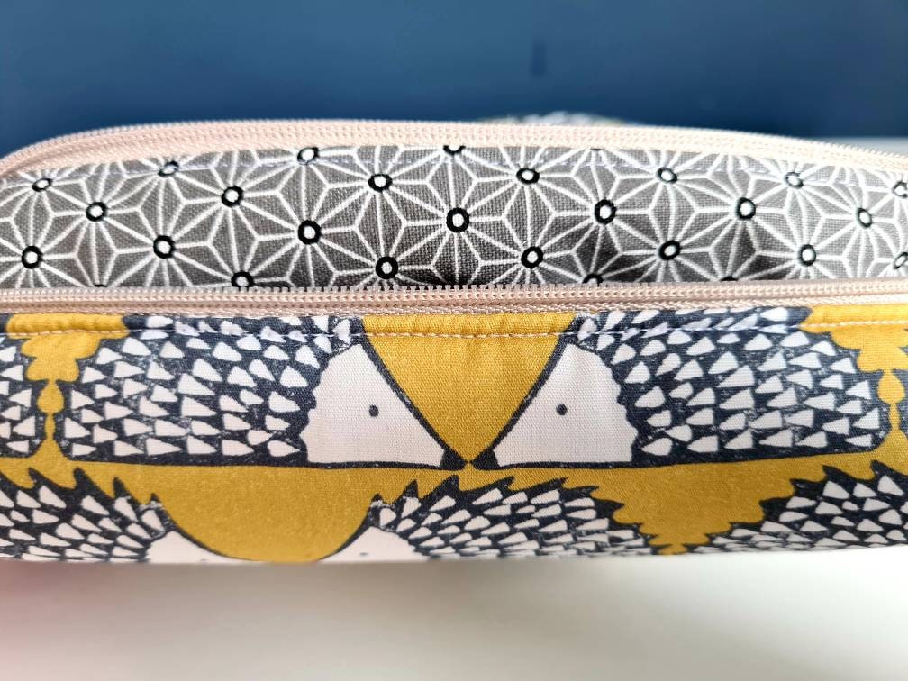 Hedgehog print cosmetic bag in mustard and grey