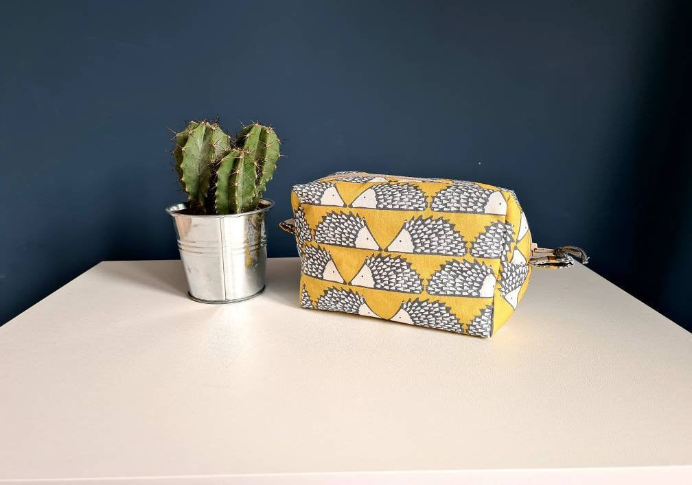 Hedgehog print cosmetic bag in mustard and grey