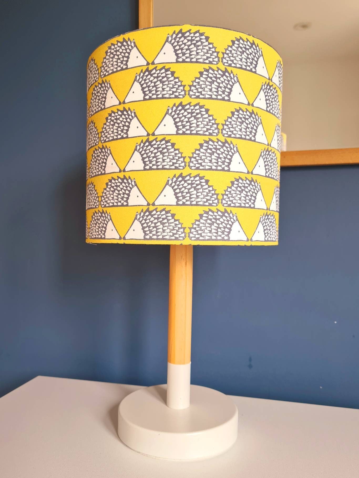 Hedgehog print lampshade in mustard and grey