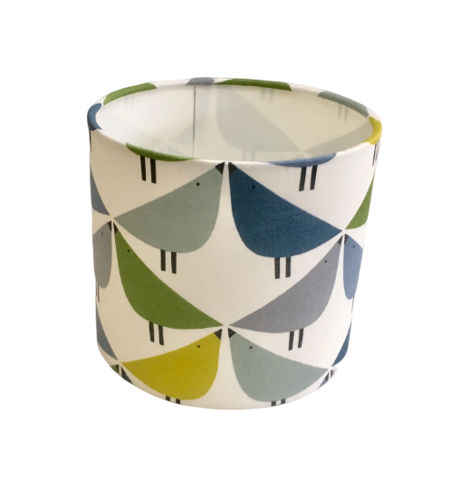 Love bird print lampshade in green, blue and grey