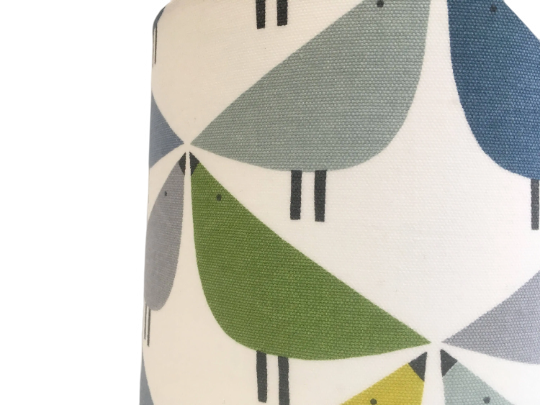 Love bird print lampshade in green, blue and grey