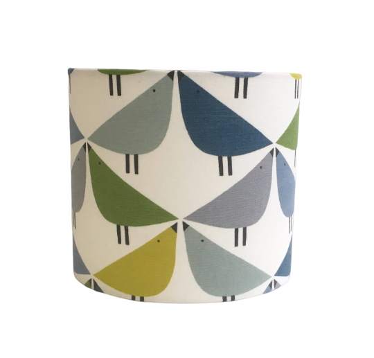 Love bird print lampshade in green, blue and grey