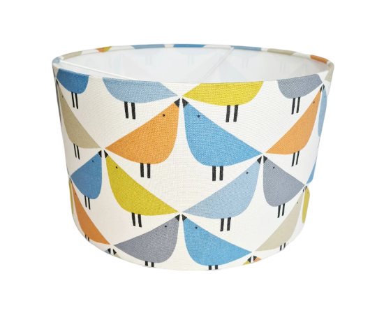 Love bird print lampshade in orange, blue and grey