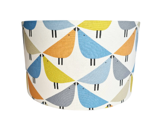 Love bird print lampshade in orange, blue and grey