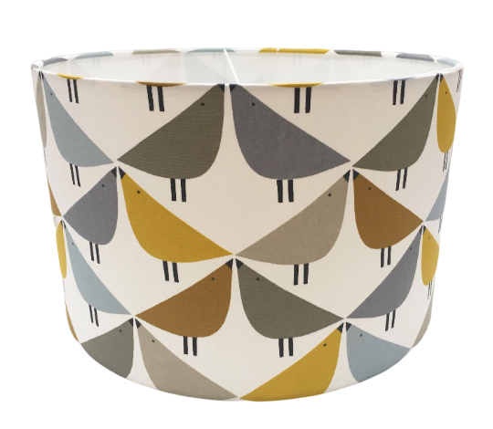 Love bird print lampshade in yellow, grey and brown