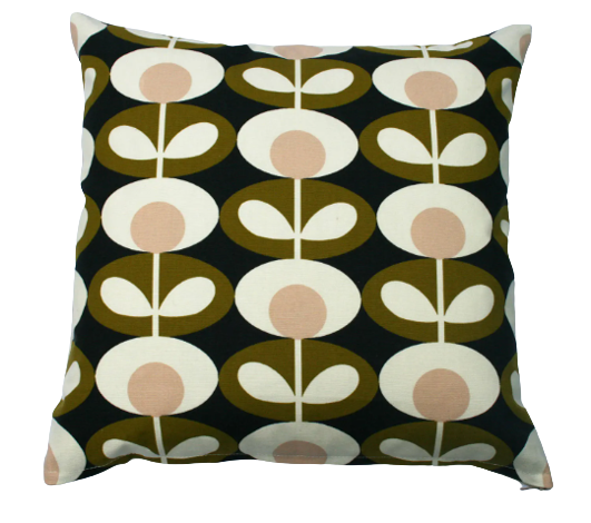 Oval flower print cushion in green, pink and charcoal