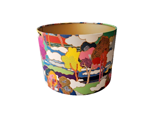 Tree print lampshade in pink, blue and yellow with metallic embossed lining
