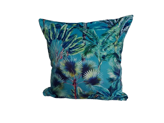 Palm Springs print velvet cushion in blue and green