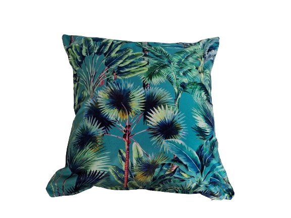 Palm Springs print velvet cushion in blue and green